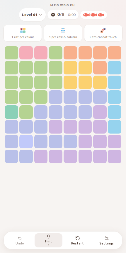 Meowdoku Level 61 starting board in the cat puzzle game