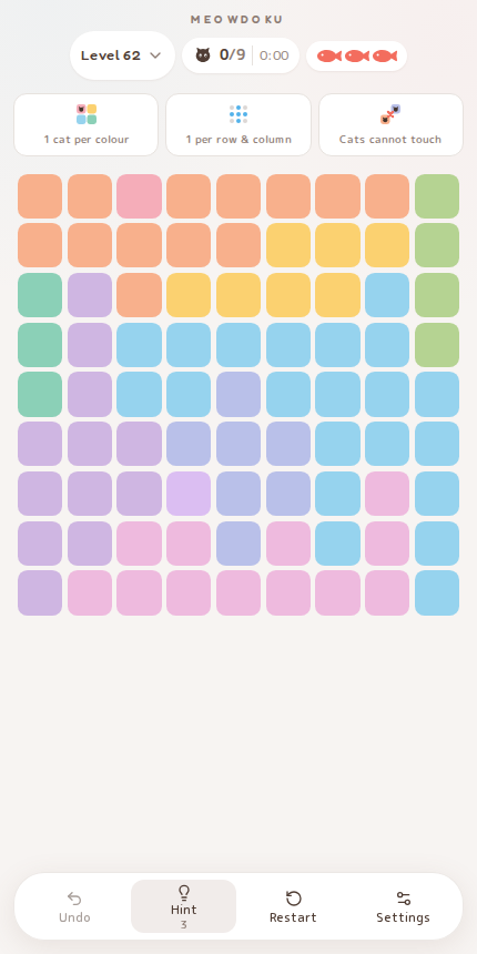 Meowdoku Level 62 starting board in the cat puzzle game