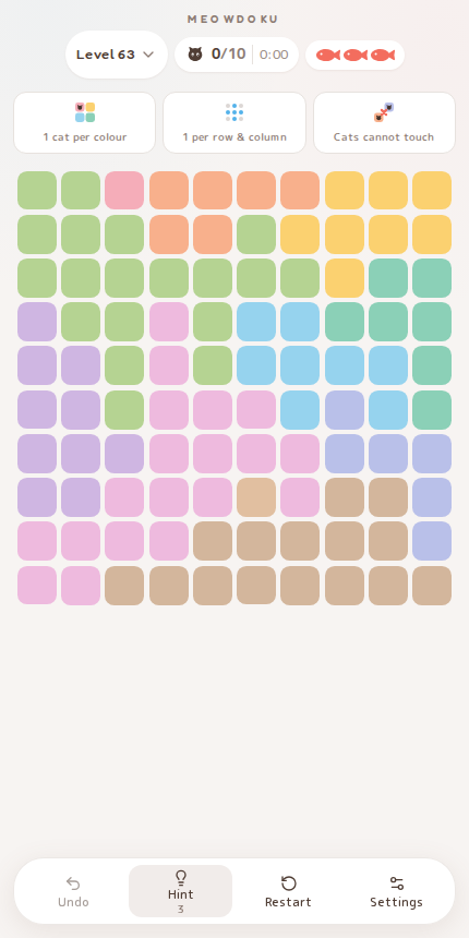 Meowdoku Level 63 starting board in the cat puzzle game