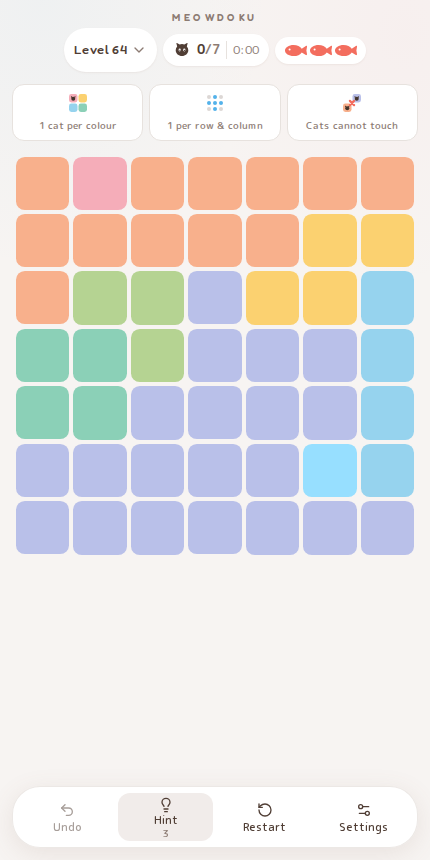 Meowdoku Level 64 starting board in the cat puzzle game