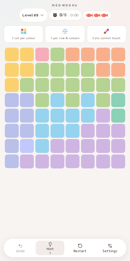 Meowdoku Level 65 starting board in the cat puzzle game