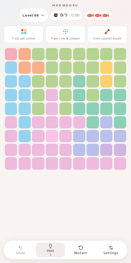Meowdoku Level 66 starting board in the cat puzzle game
