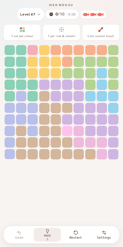 Meowdoku Level 67 starting board in the cat puzzle game