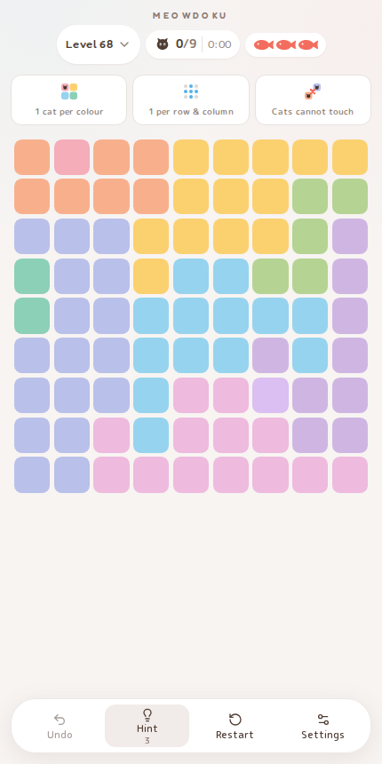 Meowdoku Level 68 starting board in the cat puzzle game