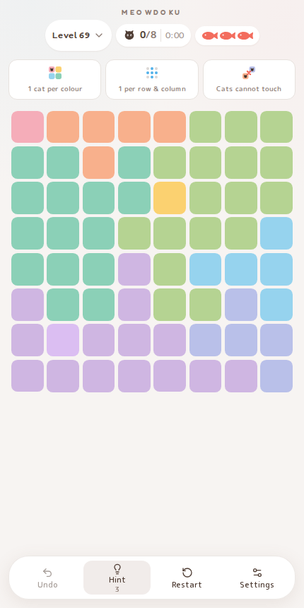 Meowdoku Level 69 starting board in the cat puzzle game