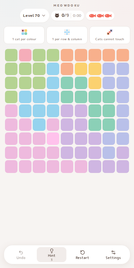 Meowdoku Level 70 starting board in the cat puzzle game