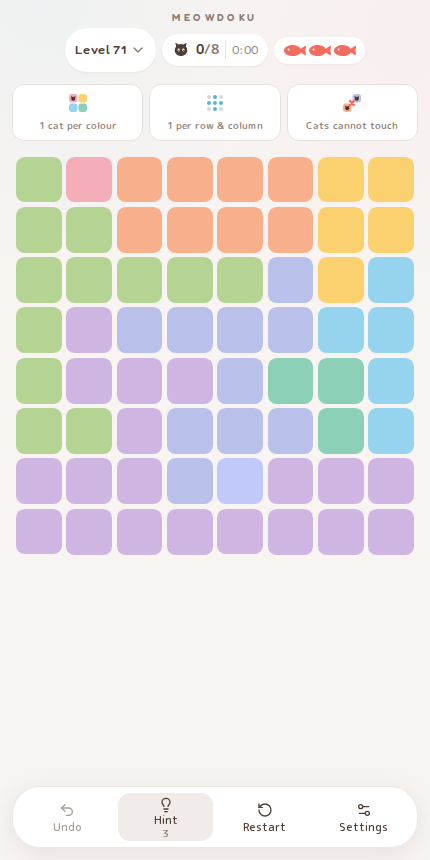 Meowdoku Level 71 starting board in the cat puzzle game