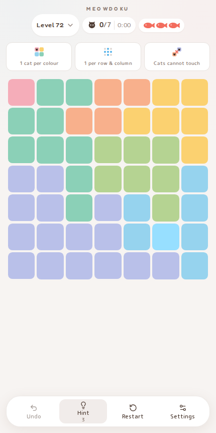 Meowdoku Level 72 starting board in the cat puzzle game