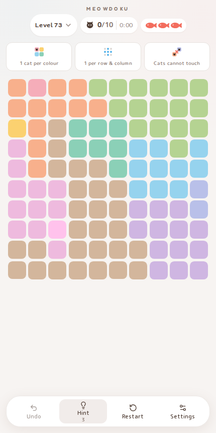 Meowdoku Level 73 starting board in the cat puzzle game