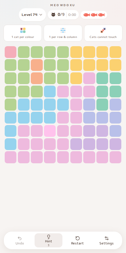 Meowdoku Level 74 starting board in the cat puzzle game