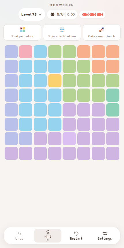 Meowdoku Level 75 starting board in the cat puzzle game