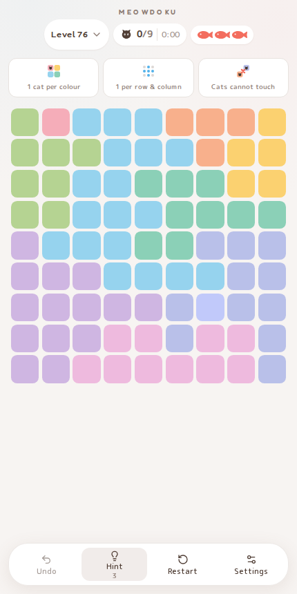 Meowdoku Level 76 starting board in the cat puzzle game