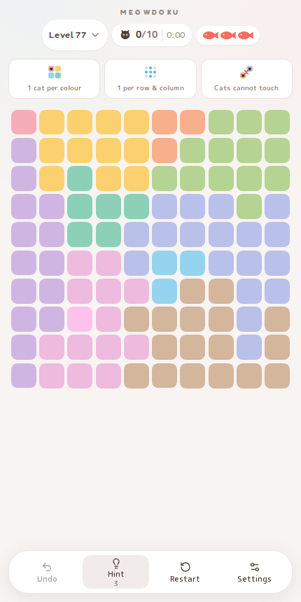 Meowdoku Level 77 starting board in the cat puzzle game
