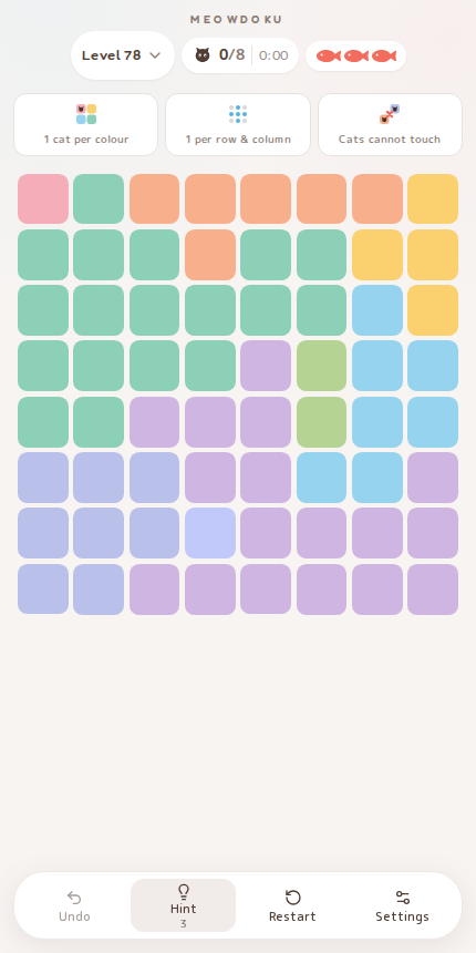 Meowdoku Level 78 starting board in the cat puzzle game
