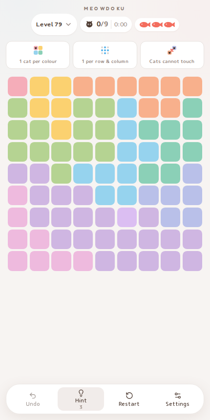 Meowdoku Level 79 starting board in the cat puzzle game