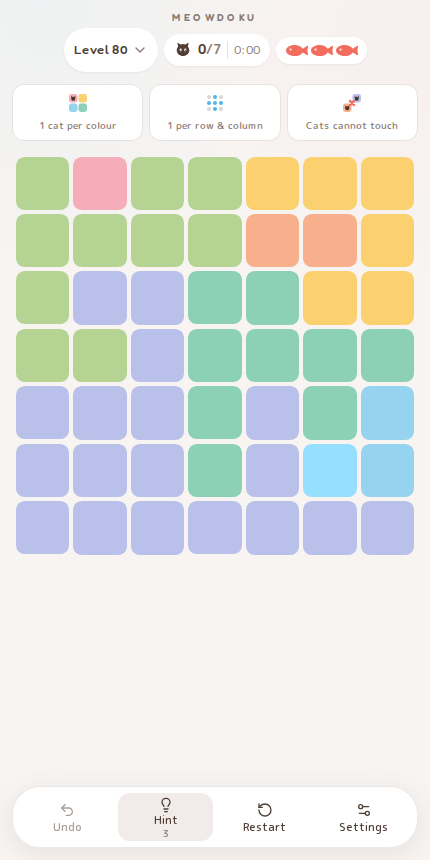 Meowdoku Level 80 starting board in the cat puzzle game