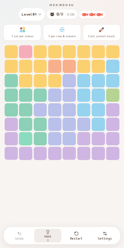 Meowdoku Level 81 starting board in the cat puzzle game