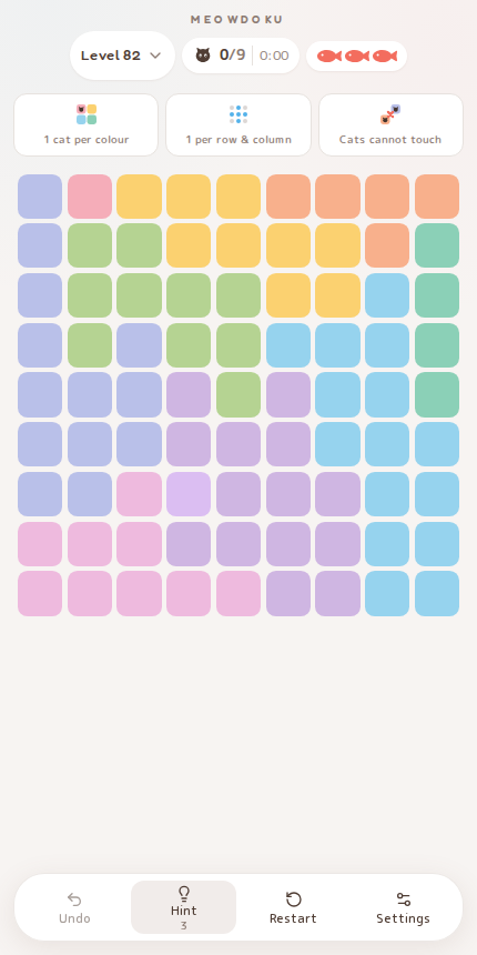 Meowdoku Level 82 starting board in the cat puzzle game