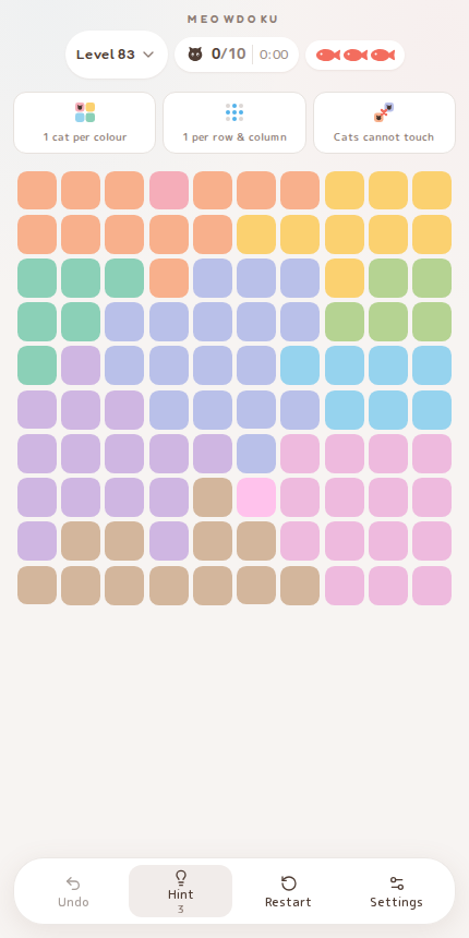 Meowdoku Level 83 starting board in the cat puzzle game