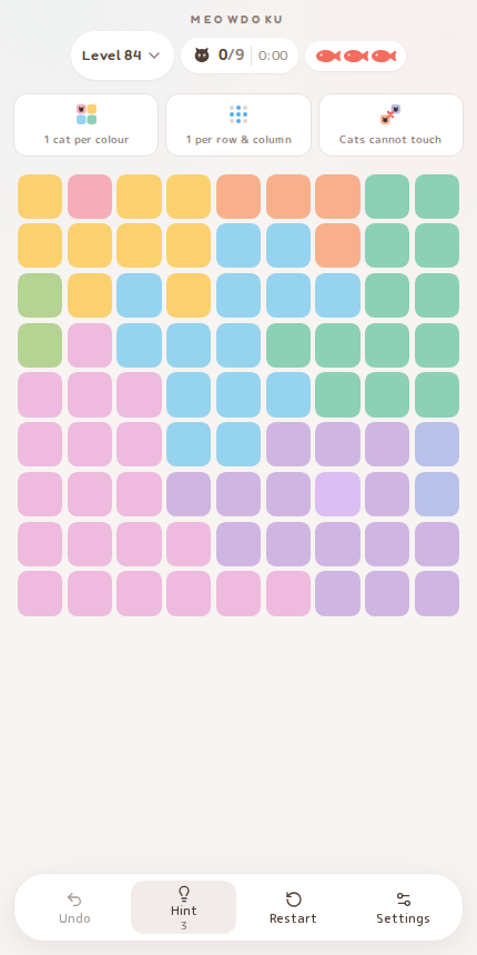 Meowdoku Level 84 starting board in the cat puzzle game
