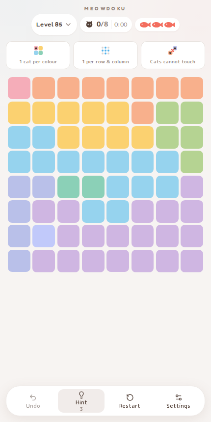 Meowdoku Level 85 starting board in the cat puzzle game