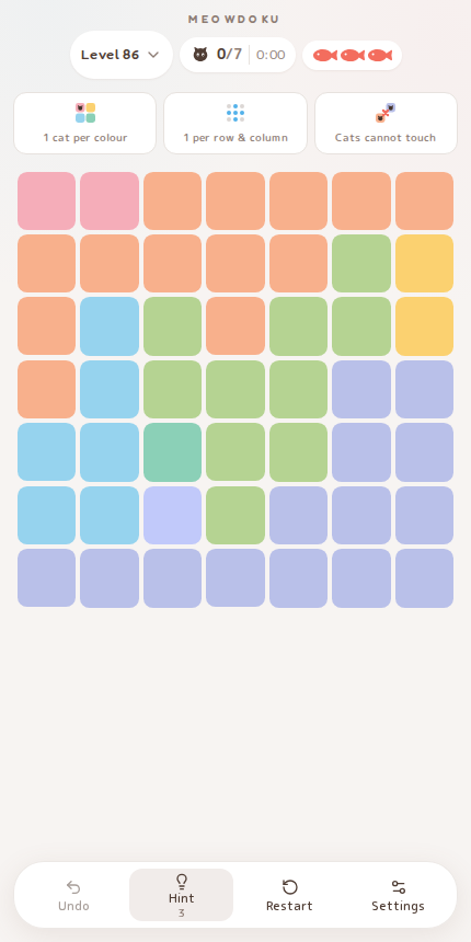Meowdoku Level 86 starting board in the cat puzzle game