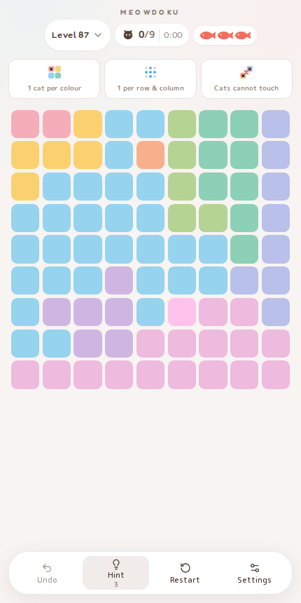 Meowdoku Level 87 starting board in the cat puzzle game