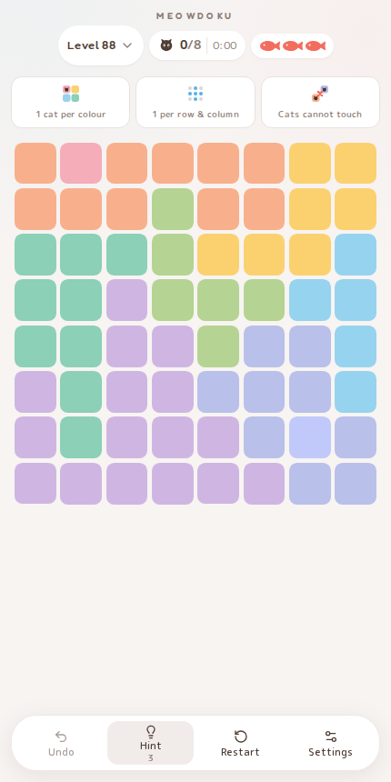 Meowdoku Level 88 starting board in the cat puzzle game