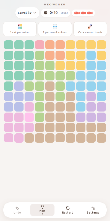 Meowdoku Level 89 starting board in the cat puzzle game