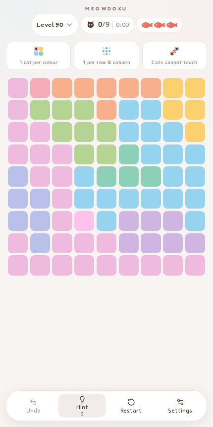 Meowdoku Level 90 starting board in the cat puzzle game
