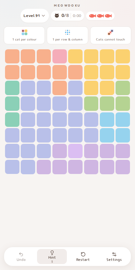 Meowdoku Level 91 starting board in the cat puzzle game