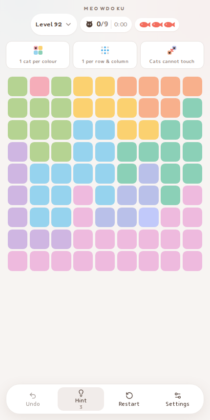 Meowdoku Level 92 starting board in the cat puzzle game