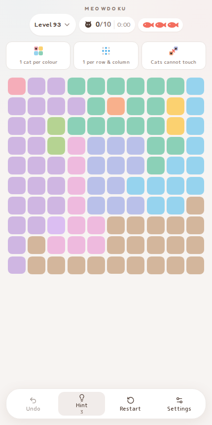 Meowdoku Level 93 starting board in the cat puzzle game