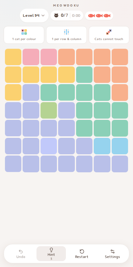 Meowdoku Level 94 starting board in the cat puzzle game