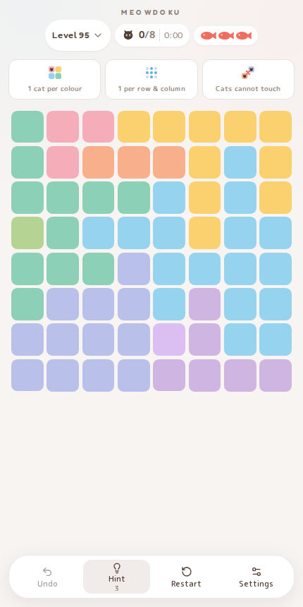 Meowdoku Level 95 starting board in the cat puzzle game