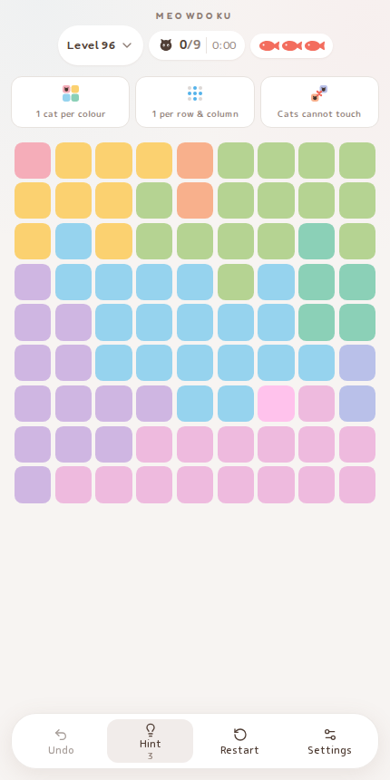 Meowdoku Level 96 starting board in the cat puzzle game