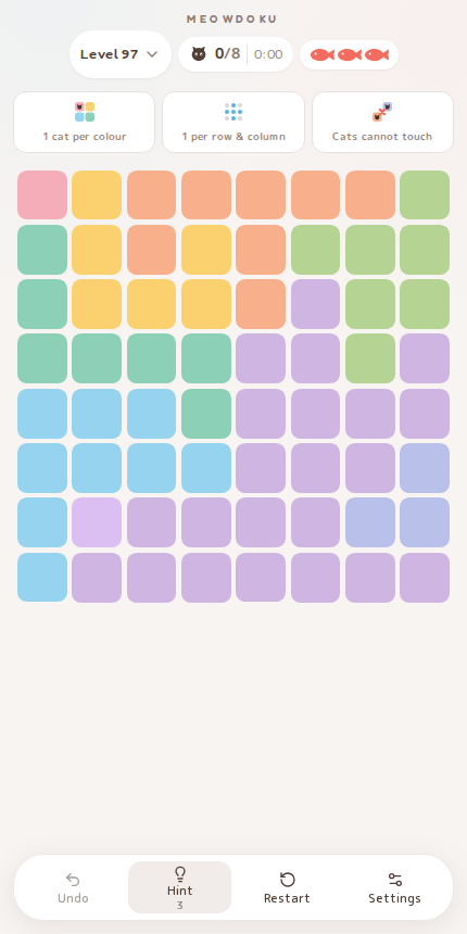 Meowdoku Level 97 starting board in the cat puzzle game